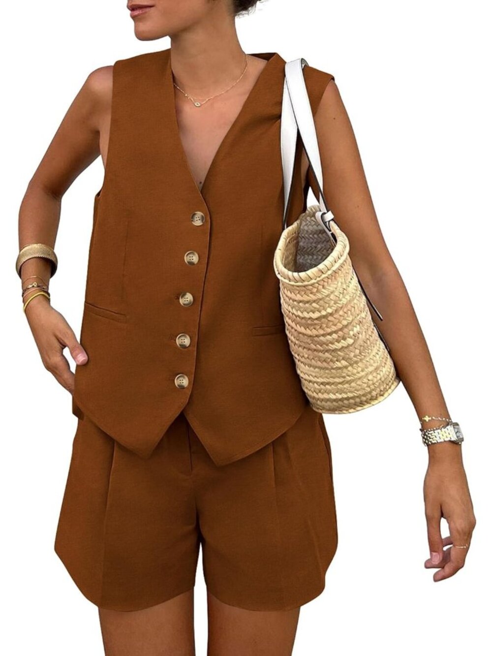 Women's Brown Summer 2 Piece Sleeveless Matching Sets Button Down V Neck